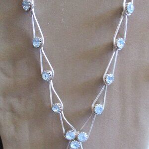 Unbranded Silver Tone Large Blue Rhinestone & Chain Necklace & Clip Earrings Set